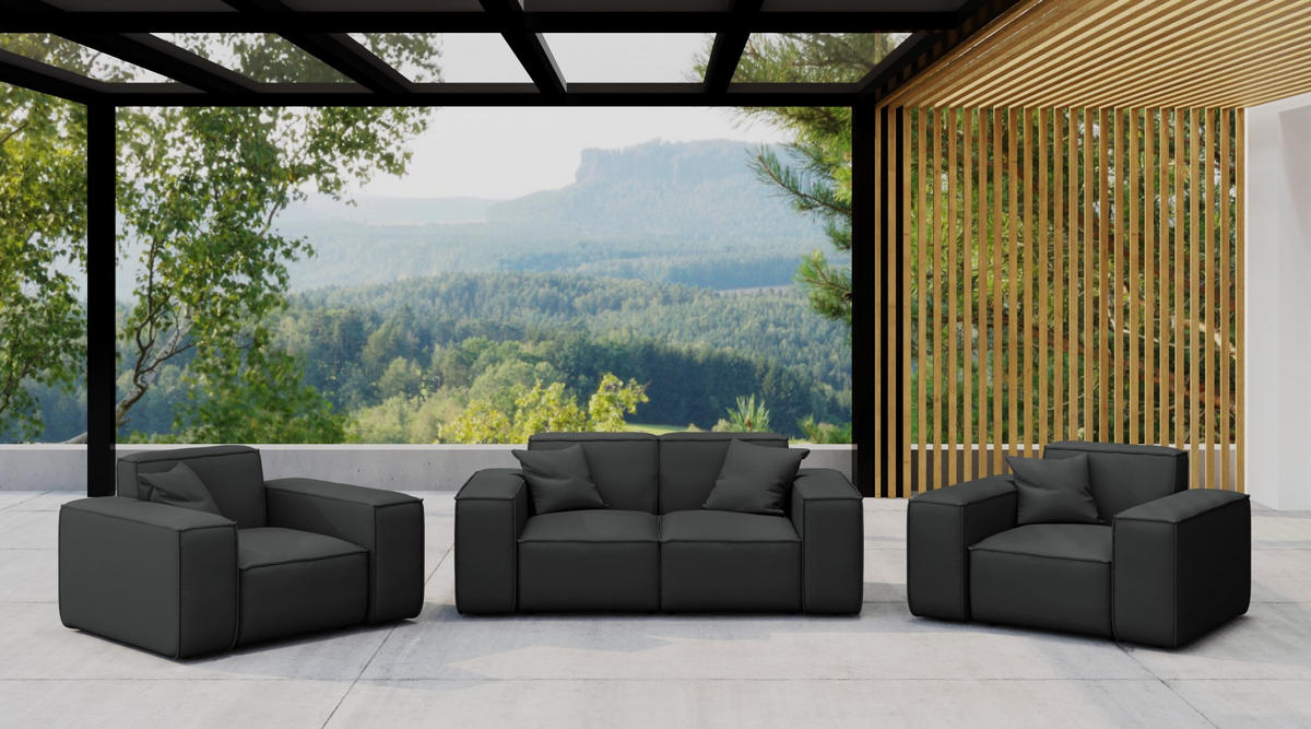LOUNGEGARNITUR 2 1 1 Gartenmöbel, MALIBU Stoff Odyssey Schwarz - Schwarz, Holz - Kaiser Möbel