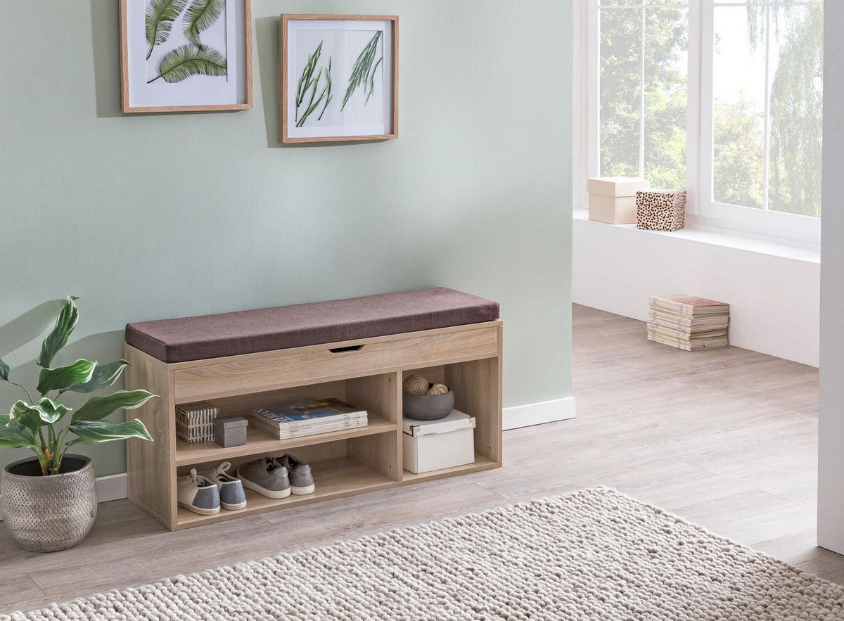 GARDEROBENBANK Holz gepolstert mit Stauraum, Beige 104x32x51 cm - Beige/Braun, Holz/Textil (104/51/32cm) - KADIMA DESIGN