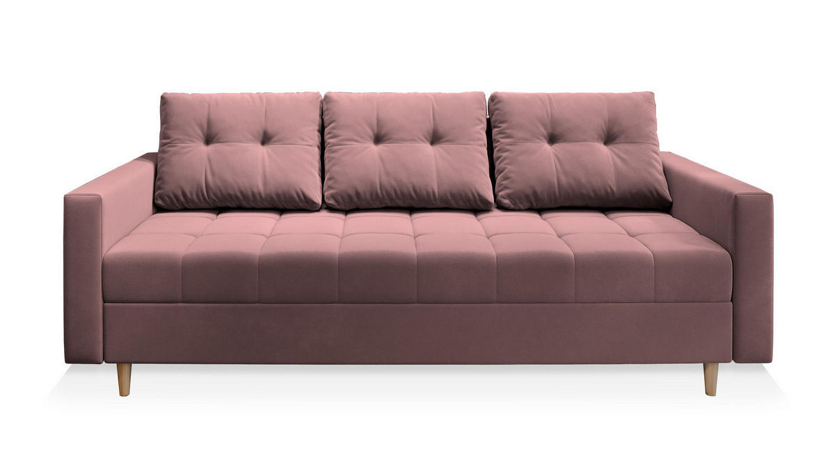 POHOVKA MILO, Plyšová látka KRONOS, Pudrová růžová - světle růžová/barva dubu, dřevo/kompozitní dřevo (220/93/87cm) - MASSENO