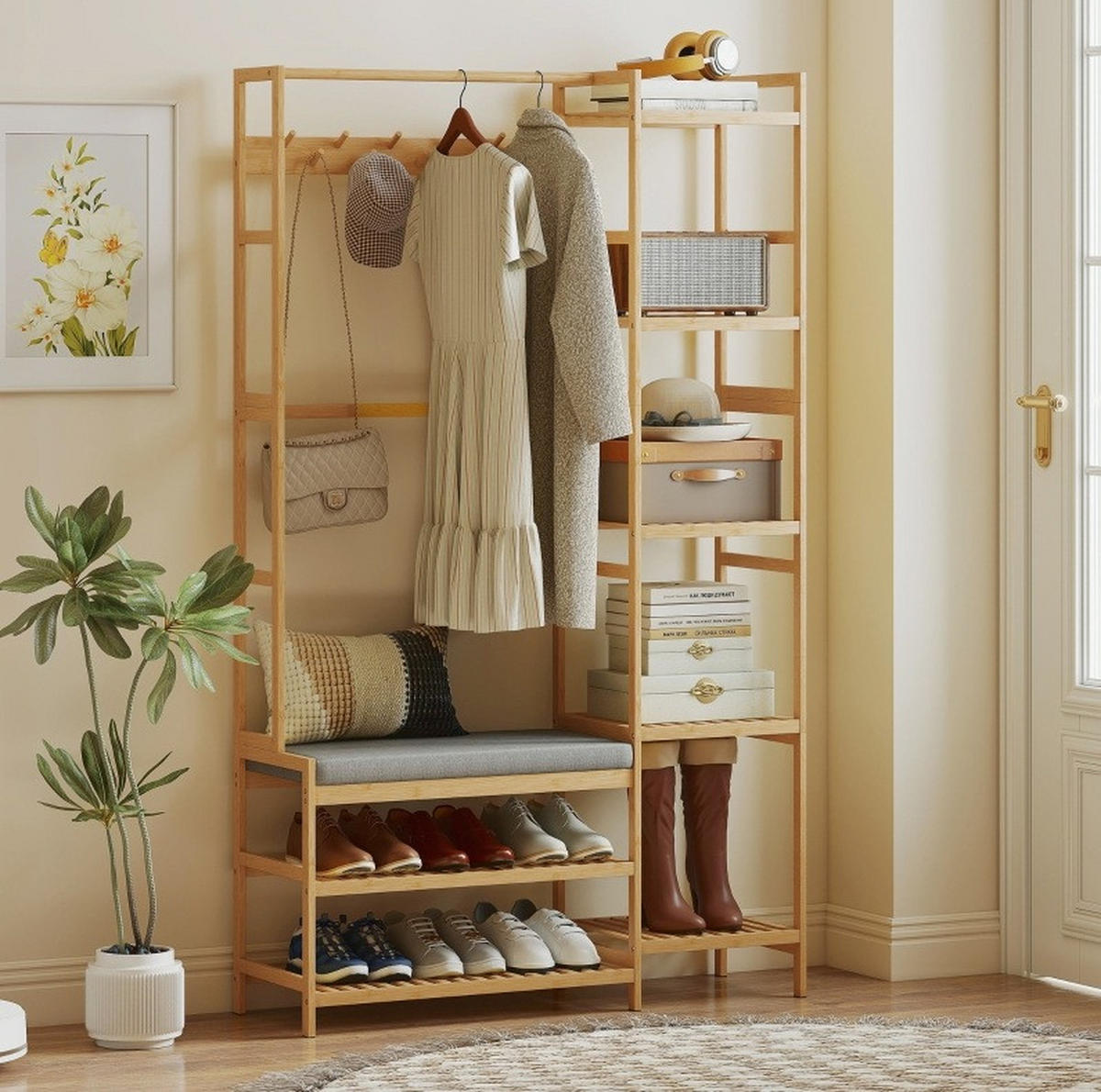 GARDEROBENSTÄNDER 104/33/175 cm aus Bambus mit Schuhregal und Sitzbank Natur - Naturfarben, Naturmaterialien (104/175/33cm) - Modenvie