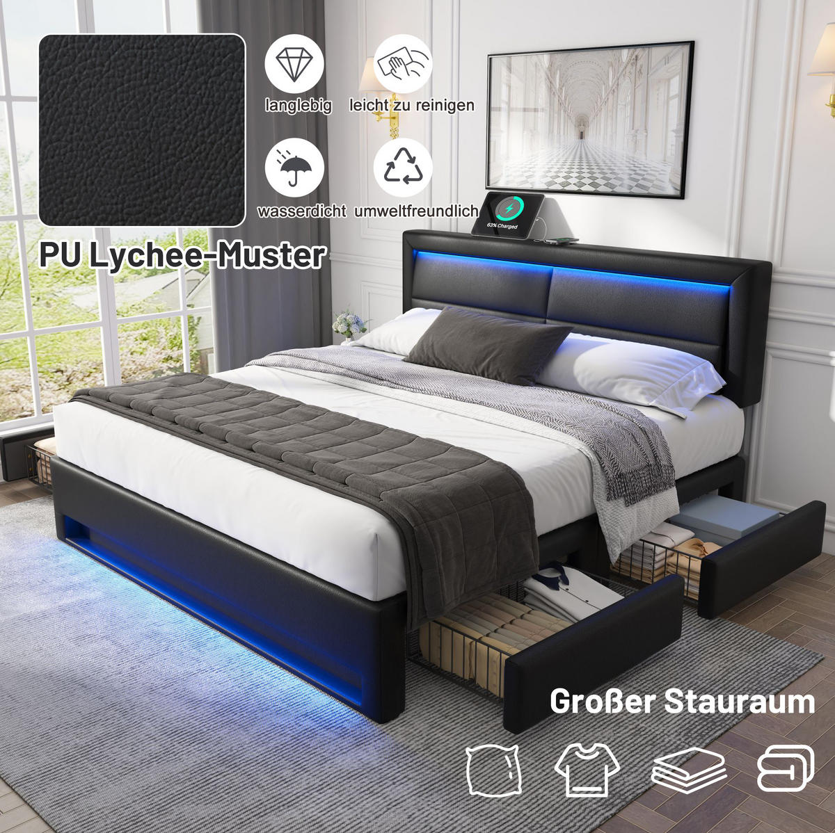 POLSTERBETT 140/200 cm mit LED, USB-Ladeanschluss & 4 Schubladen, PU Schwarz - Schwarz, Kunststoff (140/200cm) - Redom