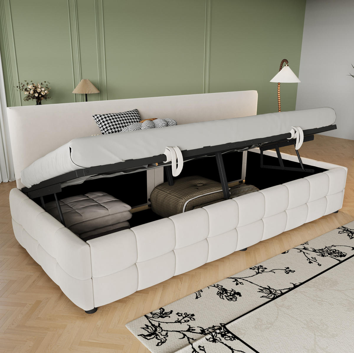 POLSTERBETT 90/200 cm Beige aus Samt mit Stauraum und Rückenlehne - Beige, Textil (90/200cm) - Flora Grace