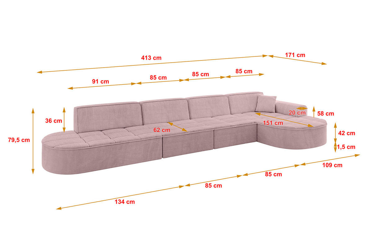 ECKSOFA Ottomane Rechts TARO-L3 - 413x171x79,5 cm Rosa - Rosa, Holzwerkstoff/Textil (413/171cm) - ALTDECOR