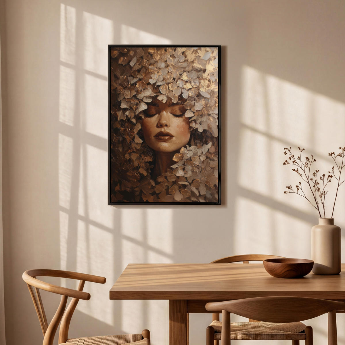 LEINWAND Bilder mit Rahmen - Gesicht - Dame - Blätter - Pinselstriche - 60x90 - Goldfarben, Textil (60/90cm) - MuchoWow