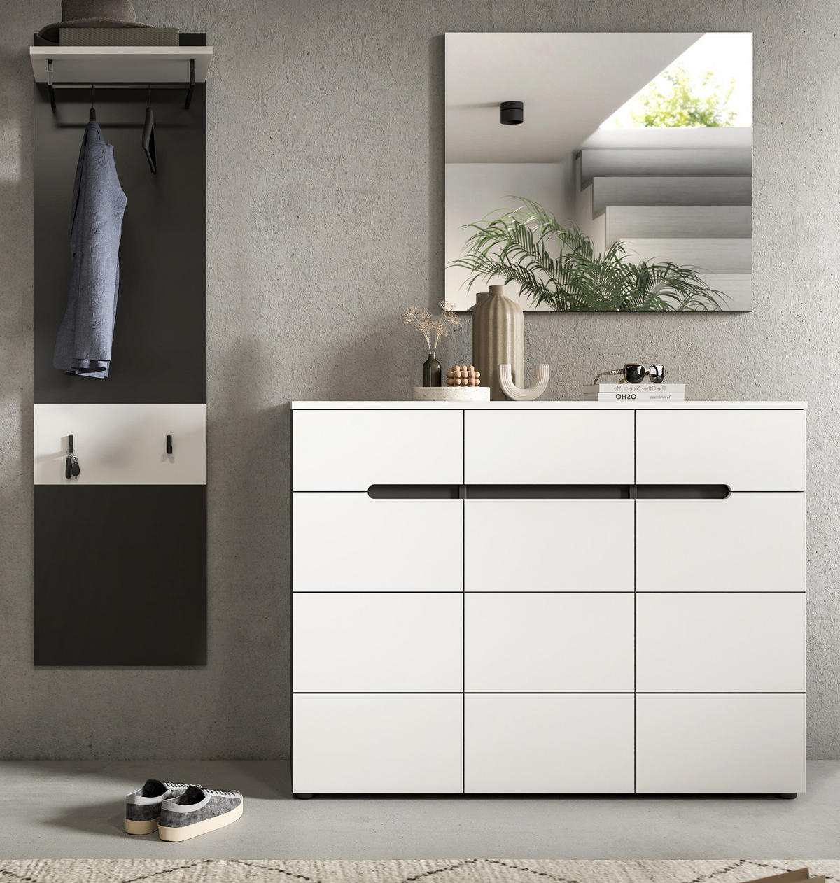 GARDEROBEN-SET 3-teilig in weiß, grau 180 cm, Kombination mit Soft-Close, Cooper - Schwarz/Weiß, Glas/Holzwerkstoff (180/190/37cm) - Inn.Furn