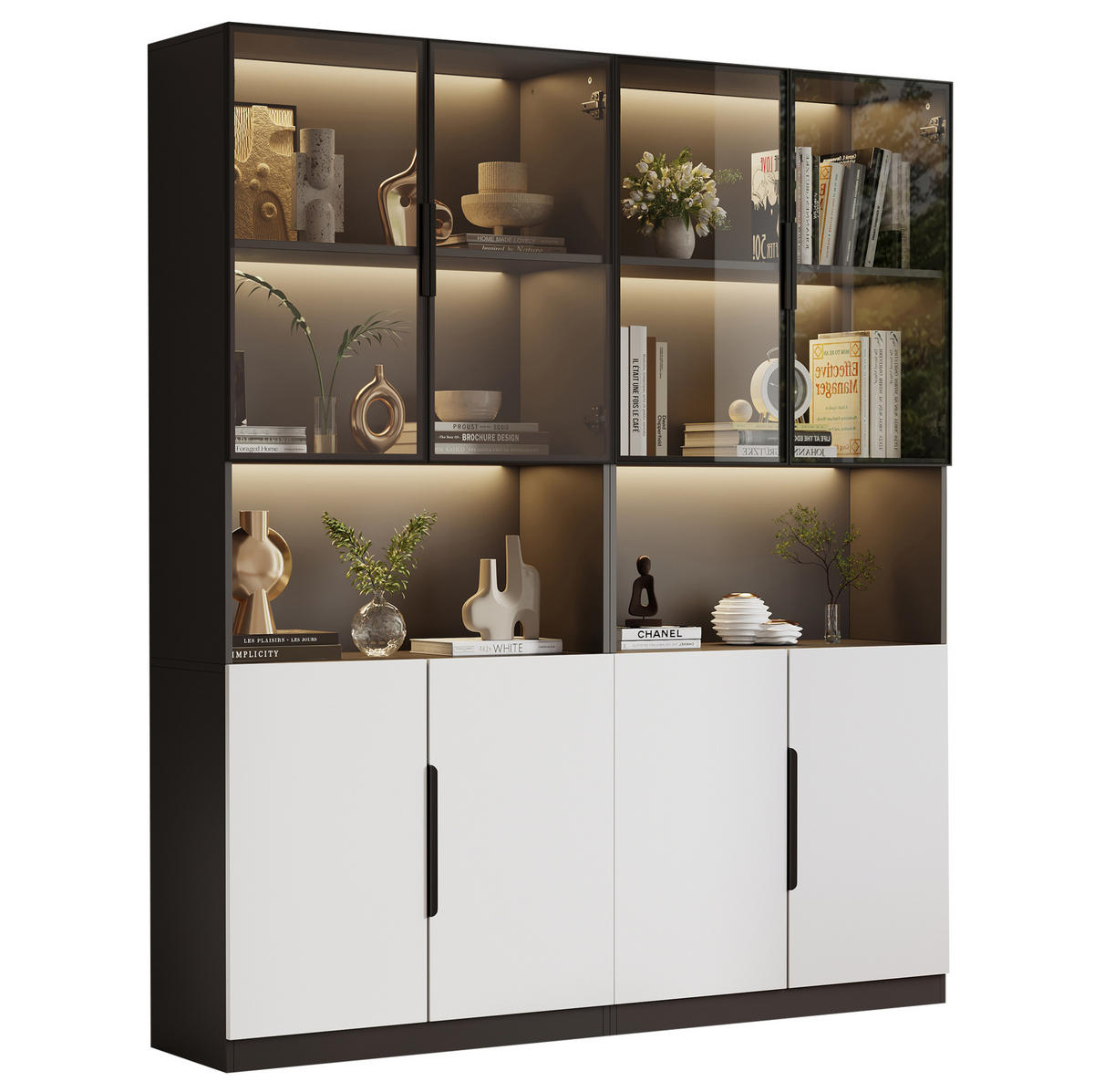 VITRINE 160/30/200 cm aus Spanplatte mit LED-Beleuchtung und Glastüren Weiß/Schwarz - Weiß, Holzwerkstoff (30/200/160cm) - Modenvie