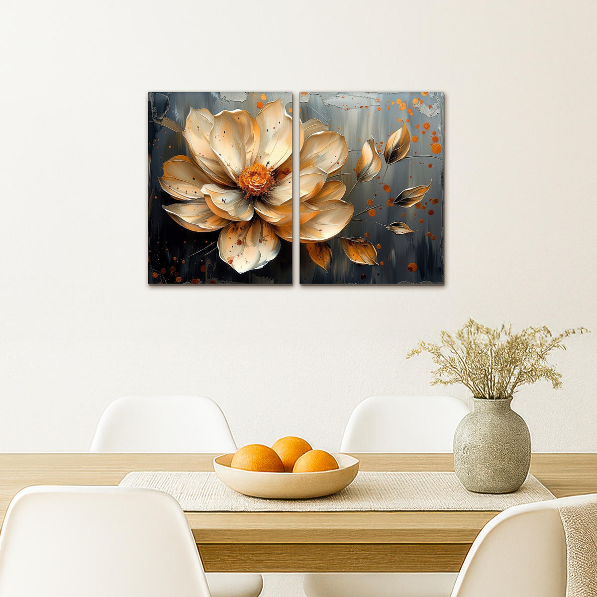 LEINWANDBILD 2er Set Blume - Gold - Abstrakt - Farbe 60x40 cm - Creme, Textil (60/40cm) - MuchoWow