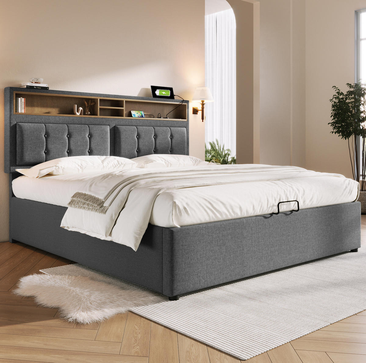 POLSTERBETT mit Stauraum & USB 140x200 cm Leinen Grau inkl. Matratze - Grau, Metall (140/200cm) - Meubliv