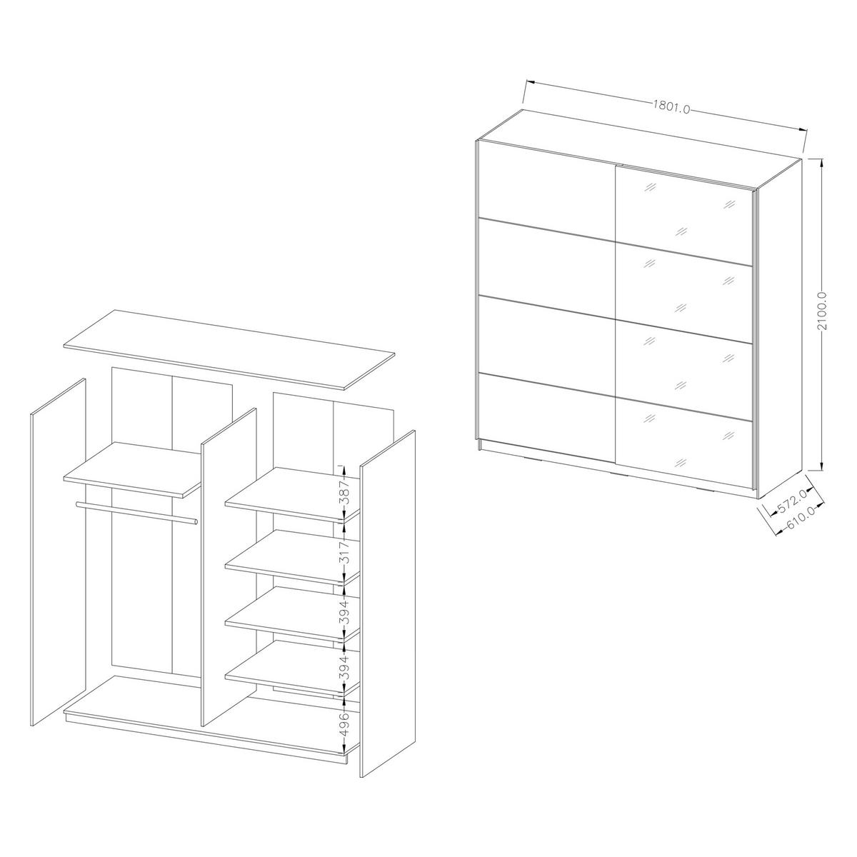 SCHWEBETÜRENSCHRANK BETTINA 180/210/61 cm 2-türig mit Spiegel Weiß - Weiß, Holzwerkstoff (180/210/61cm) - MASSENO