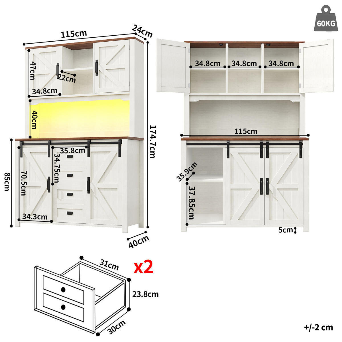 BUFFETSCHRANK, mit farbwechselnder LED-Beleuchtung und viel Stauraum, 115/40/174,7 cm, Weiß - Weiß, Holzwerkstoff (115/174.7/40cm) - Modfu