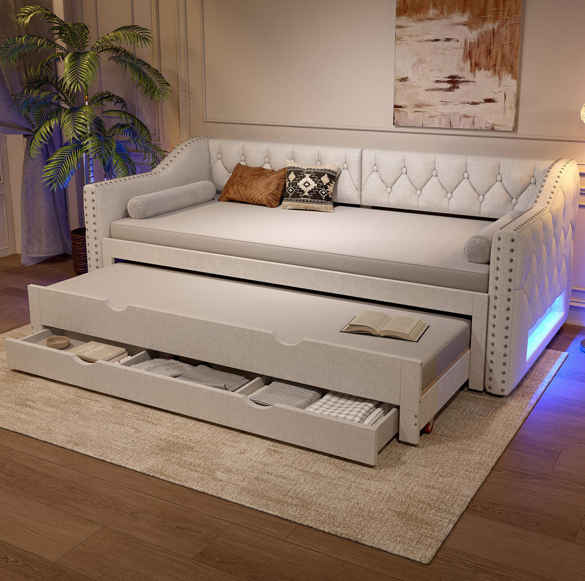 TAGESBETT aus MDF und Leinenmischgewebe 90x200 cm Beige mit LED-Beleuchtung, Ausziehbett und 3 Schubladen - Beige, Textil (90/200cm) - Modfu