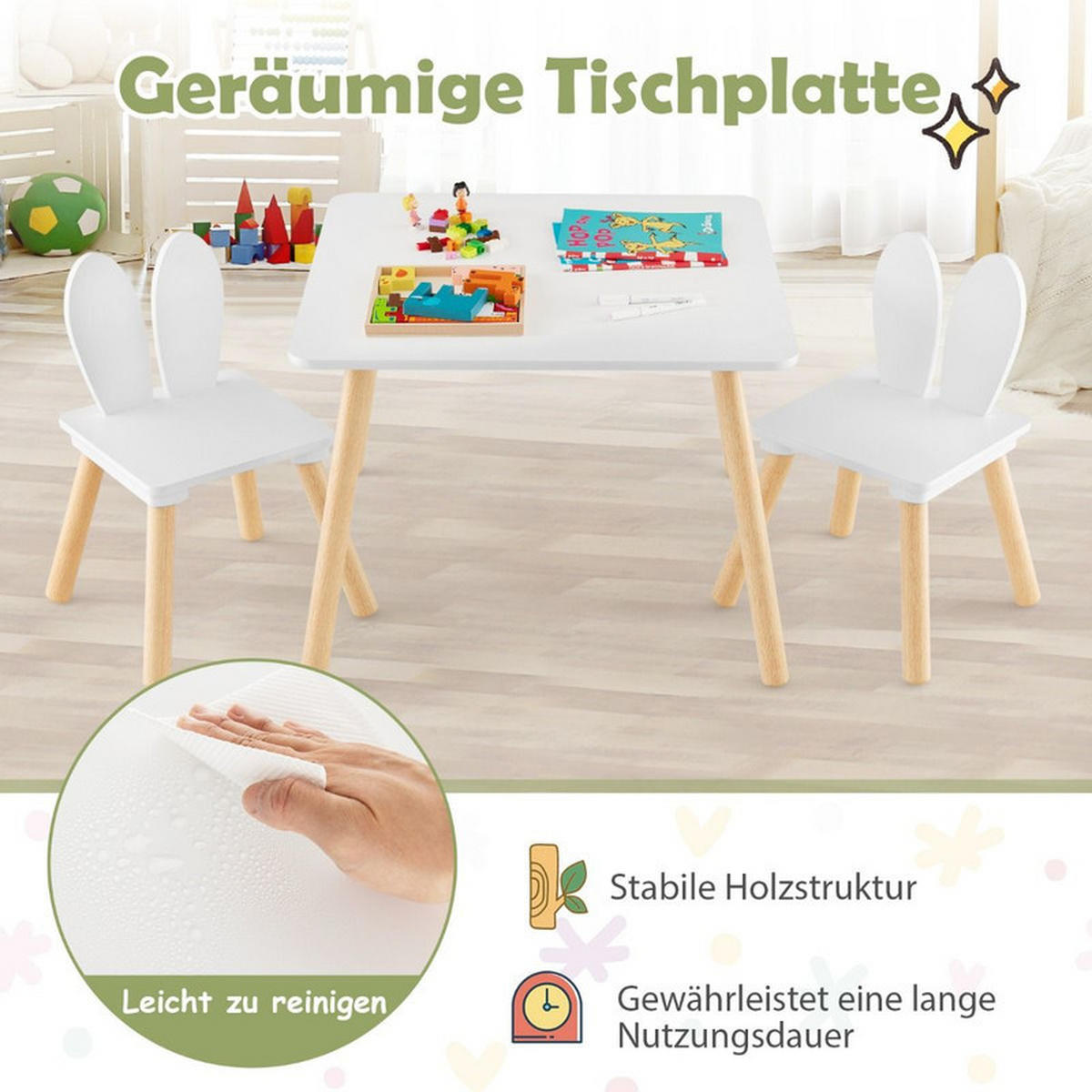KINDERTISCH mit 2 Stühlen weiß(3-tlg) - Weiß, Holzwerkstoff (62/43/62cm) - COSTWAY