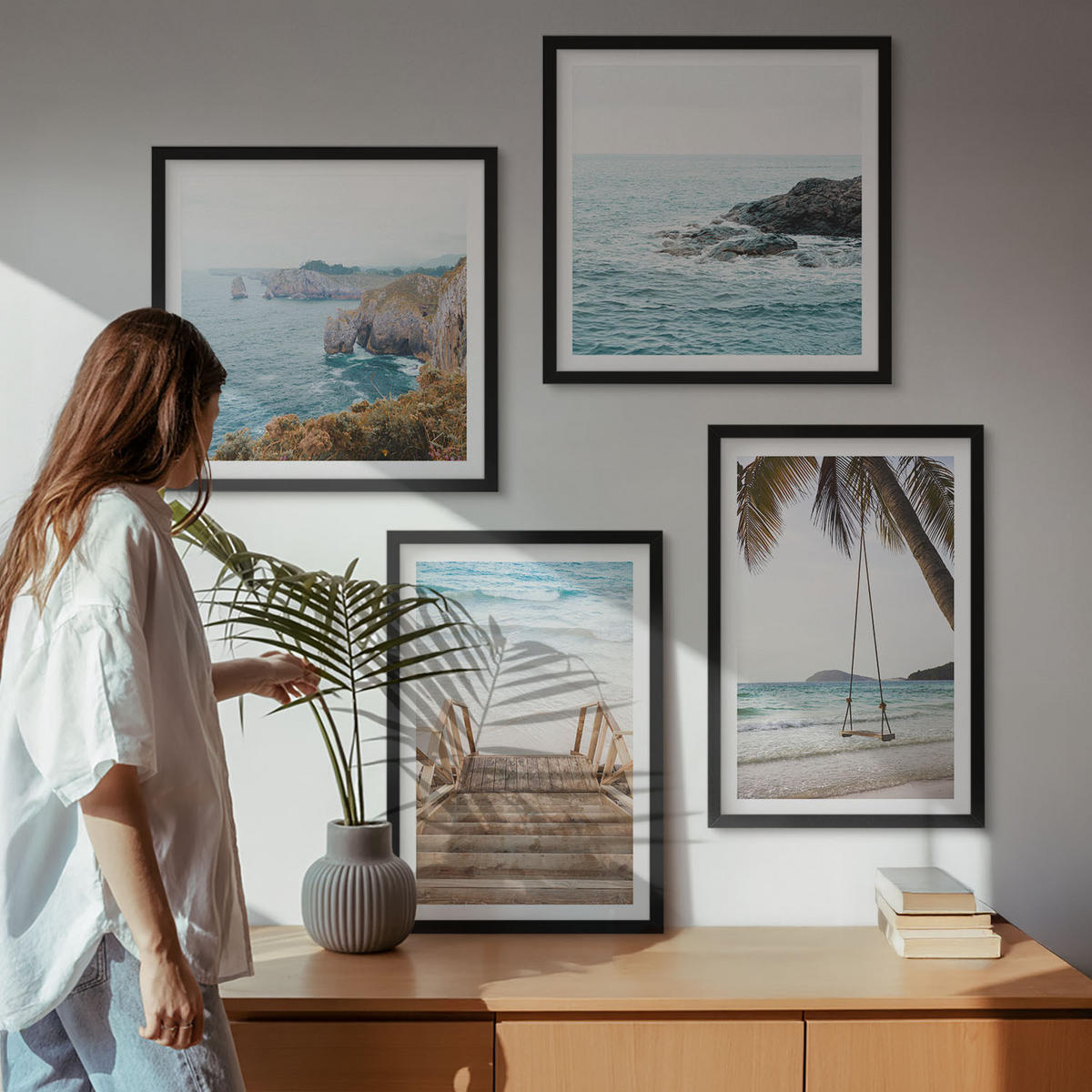 BILDER SET 4er Set - 50x50 cm & 40x60 cm Schwarzer Rahmen - Treppe, Strand, Meerblick, Schaukel - Schwarz, Kunststoff (50/50cm) - TULUP
