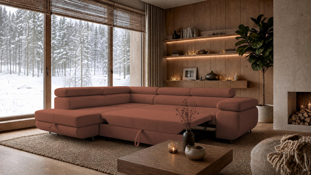 ECKSOFA Velmo mit Bettkasten und Schlaffunktion, verstellbaren Kopfstützen, in L-Form - Hellrosa, Textil (275/203cm)
