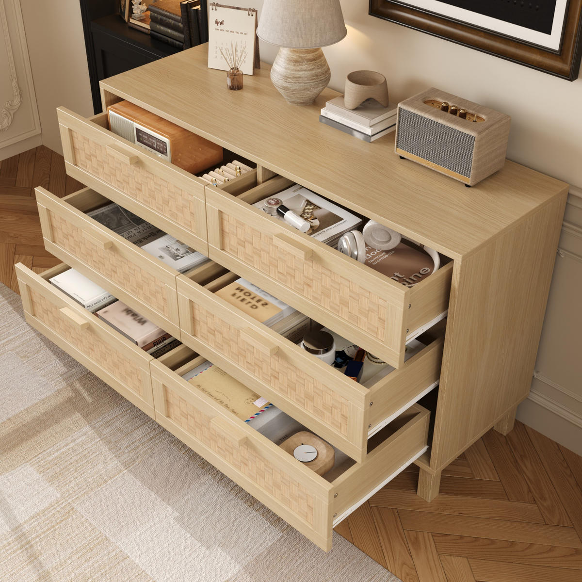 SIDEBOARD mit 6 Schubladen Rattan, 120/40/75cm - Buchefarben, Holzwerkstoff (120/75/40cm) - Urban Meuble
