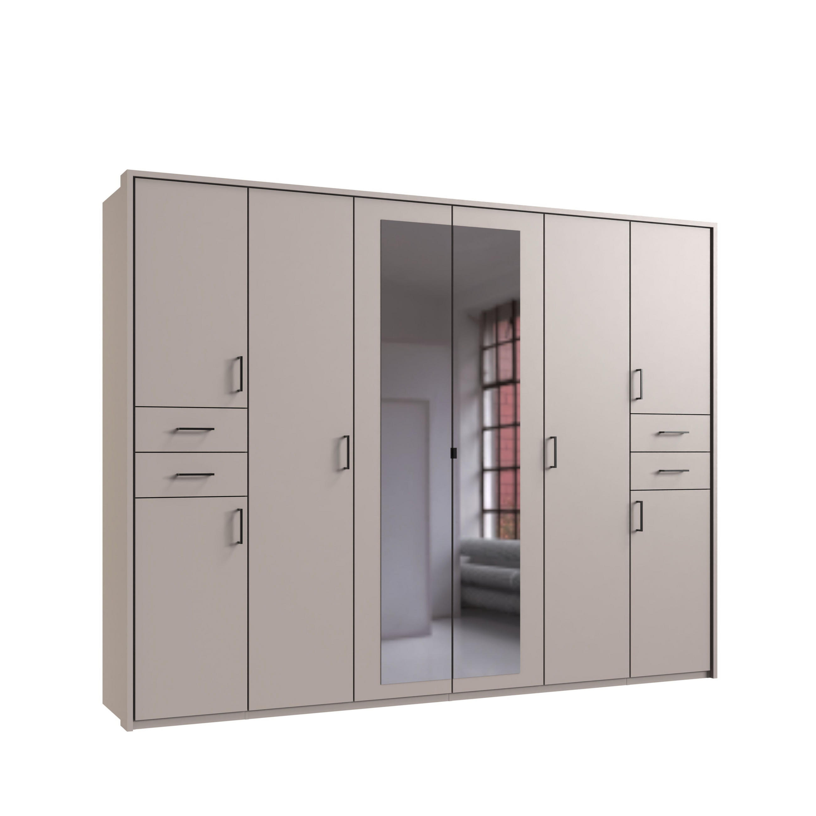DREHTÜRENSCHRANK Kleiderschrank B273/H210/T58 cm mit Schubkästen & Passepartout & 2 Spiegeltüren, Beige Grau, Griffe schwarz / 22580 - Beige/Schwarz, Holzwerkstoff/Kunststoff (273/210/58cm) - luma-home