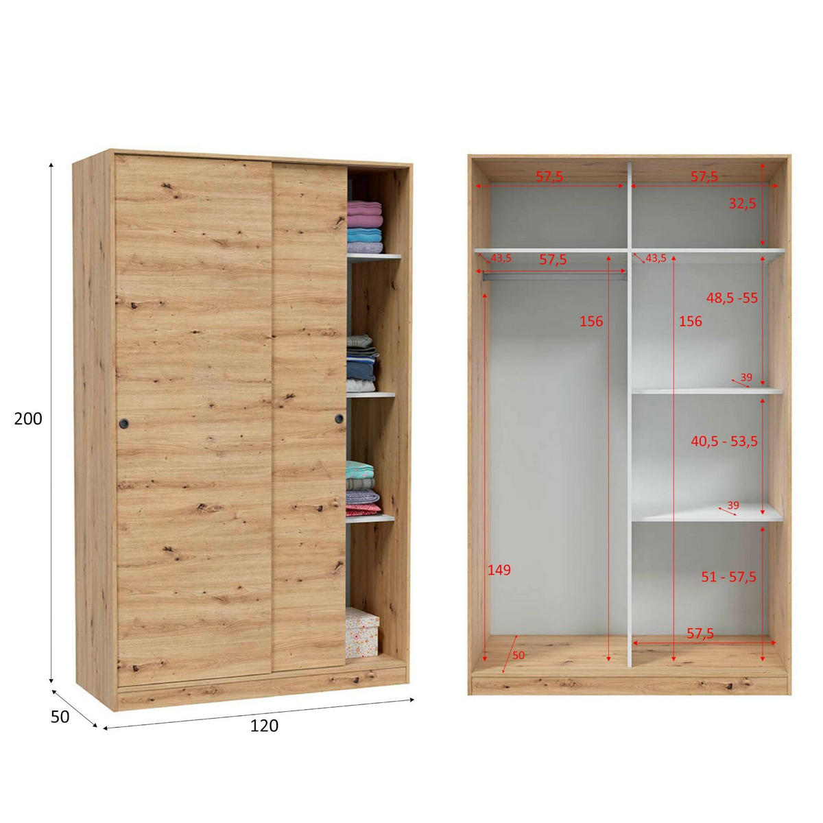 KLEIDERSCHRANK 2 TÜREN Knoteneiche 50/120/200 cm - Braun, Holzwerkstoff (120/200/50cm) - DMORA