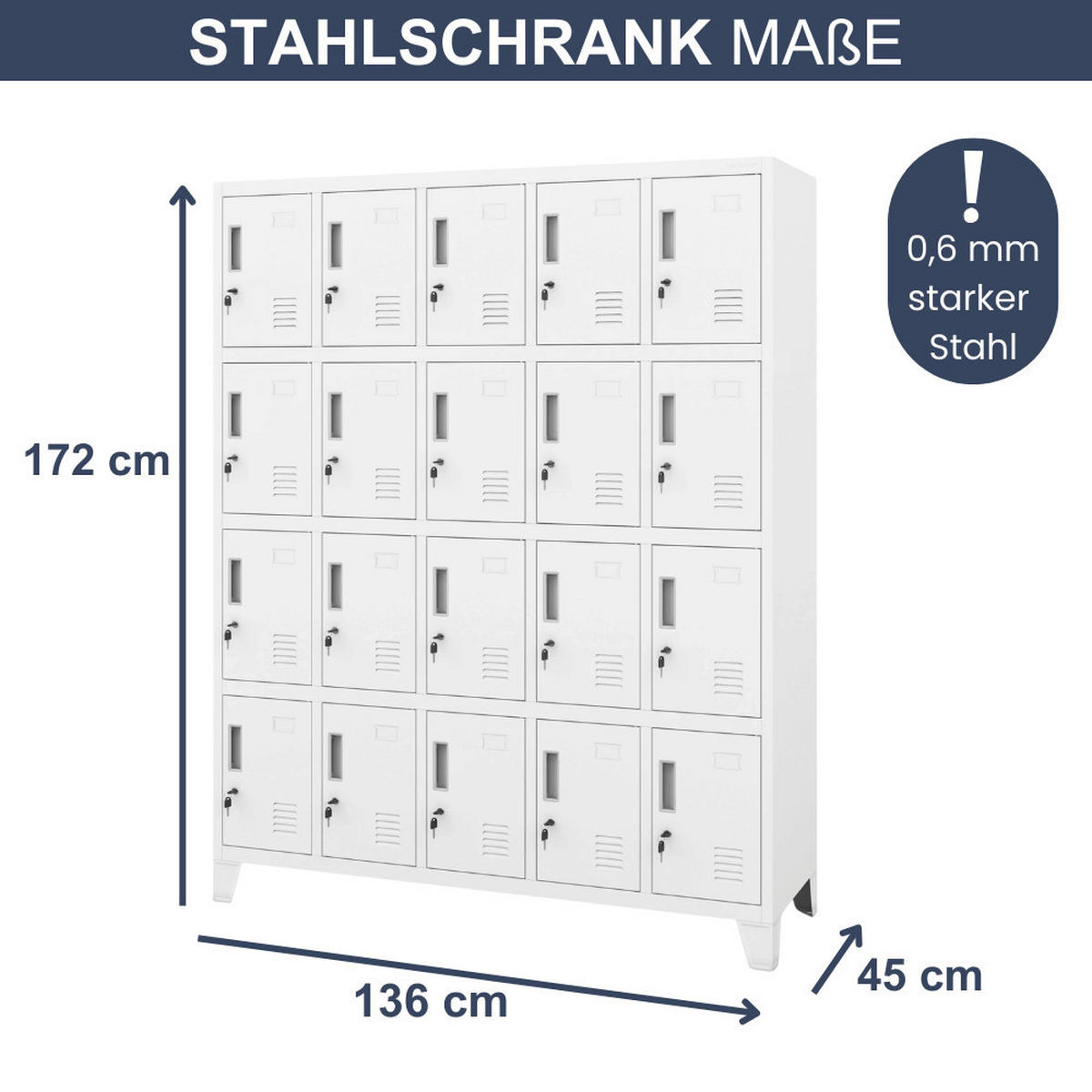 SCHLIESSFACHSCHRANK Spind TAMPA 20 Fächer172x136x45cm Weiß - Weiß, Metall (136/172/45cm) - DELUKE
