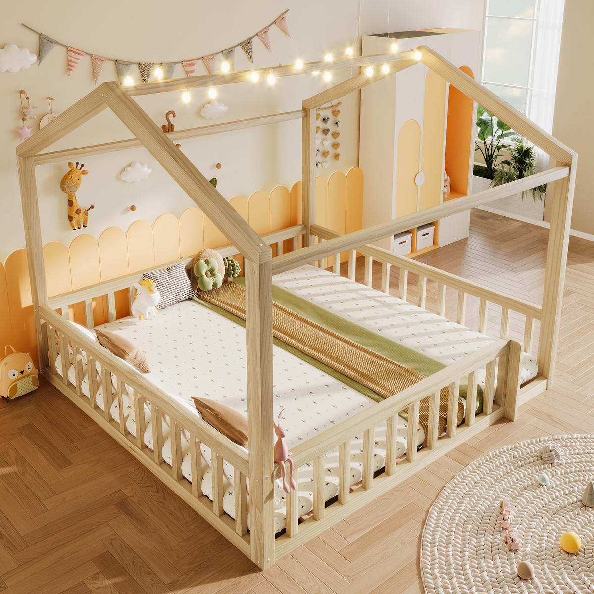 KINDERBETT 90/190 cm & 180/190 cm in Natur mit LED und Gitter Kiefernholz Hausbett - Naturfarben, Holzwerkstoff (90/190cm) - STILVORA