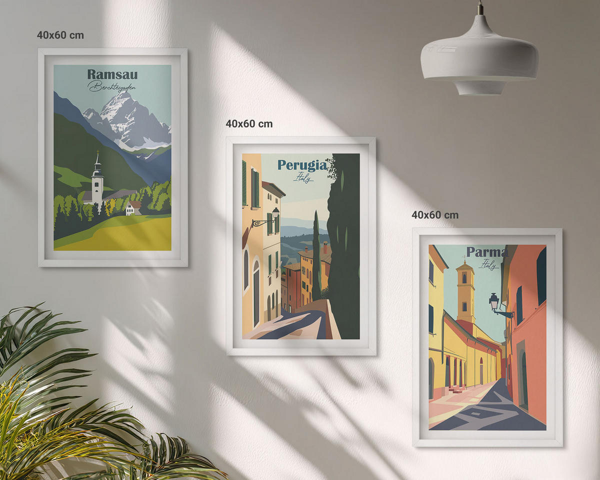 WANDBILDER 3er-Set - 40x60 cm Weißer Rahmen - Berglandschaften und Italien - Weiß, Kunststoff (40/60cm) - ArtPrintCave