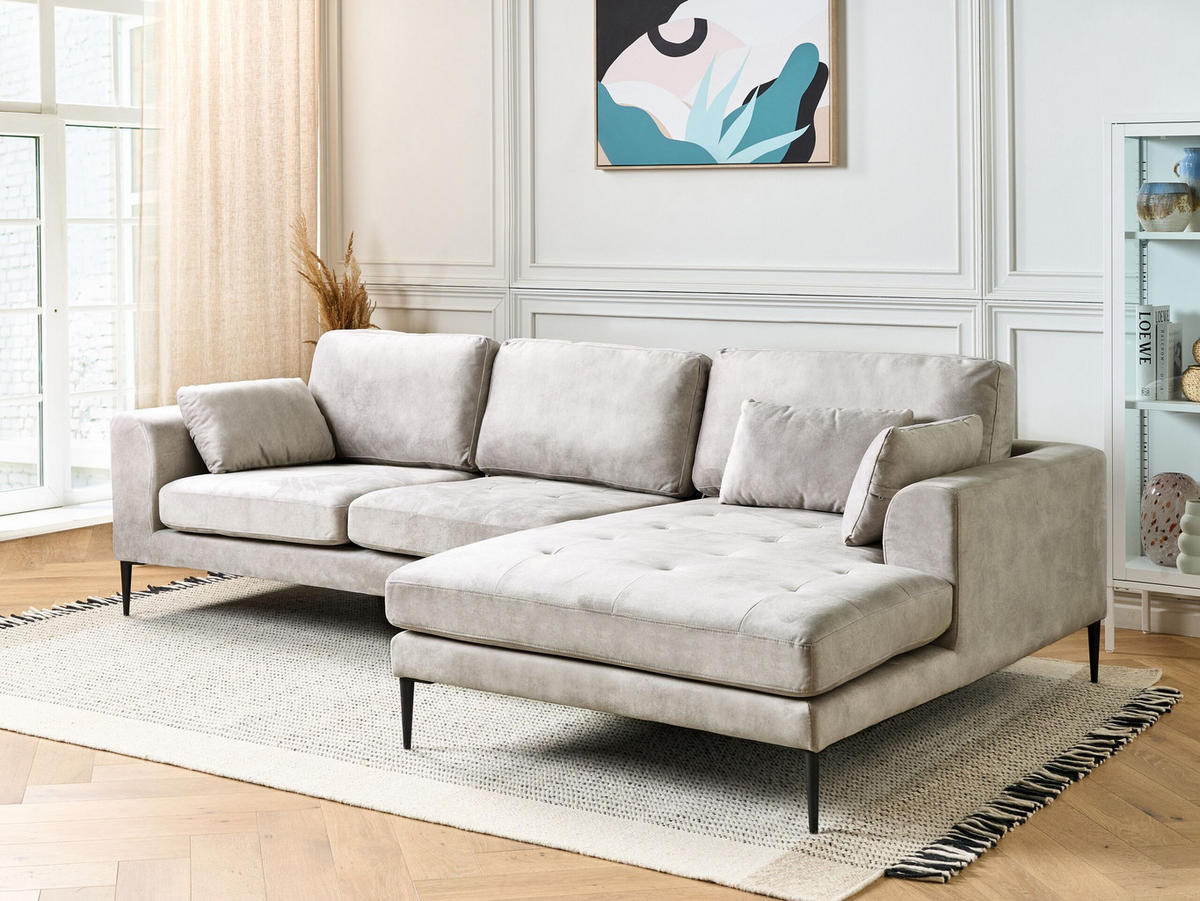 3-SITZER-ECKSOFA Samtstoff Hellgrau rechtsseitig Flam - Hellgrau, Textil (275/158cm) - Beliani