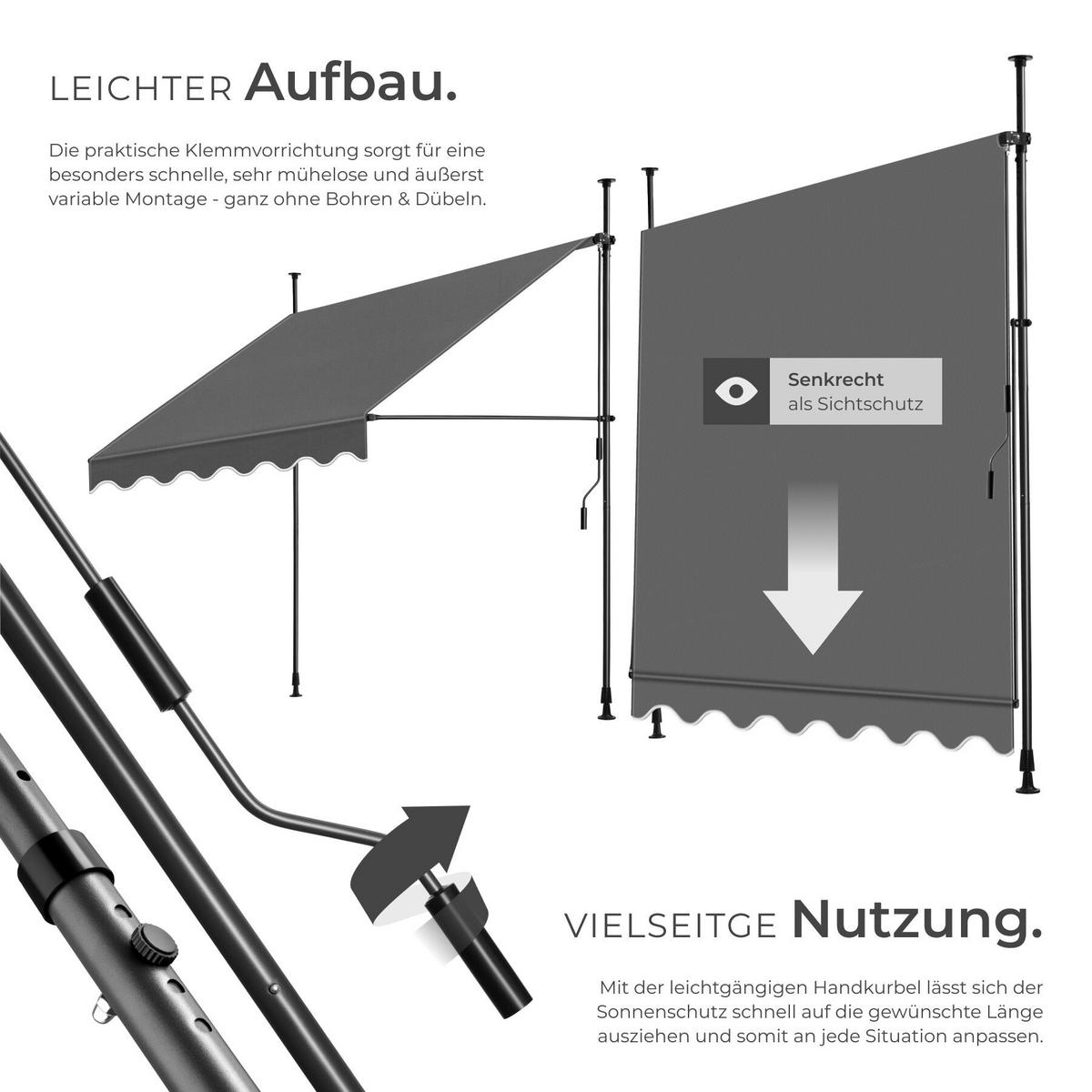 KLEMMMARKISE MIT HANDKURBEL , wasserabweisend, schwarz/grau - Schwarz/Grau, Textil (200/304/180cm) - tectake
