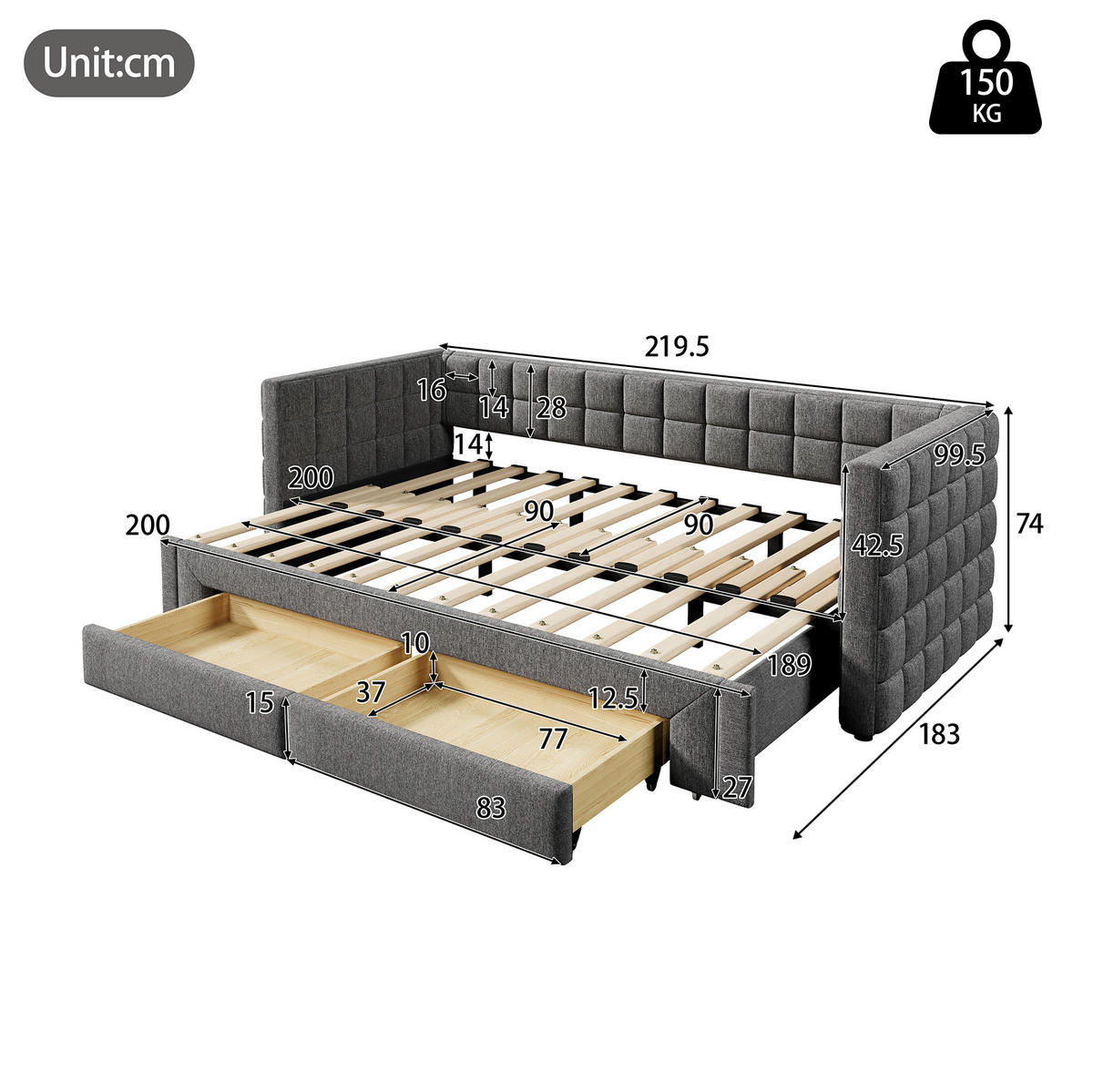 ROZKLADACIA posteľ 90/200 cm sivá zo zamatu a MDF s hranatým operadlom, výsuvným lôžkom a 2 zásuvkami - sivá, textil (90/200cm) - OKWISH
