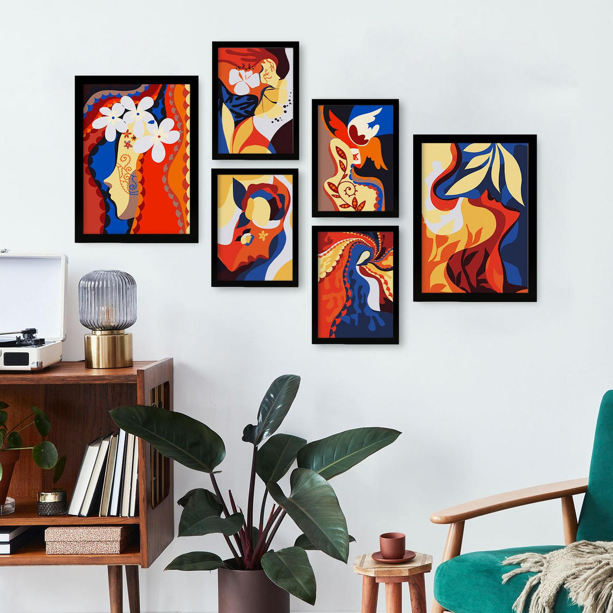 POSTER Set Mit 6 Zarte Collage im femininen abstrakten Stil Größe A3 & A4 Schwarzer Rahmen - Schwarz, Papier (29.7/1cm) - Nacnic