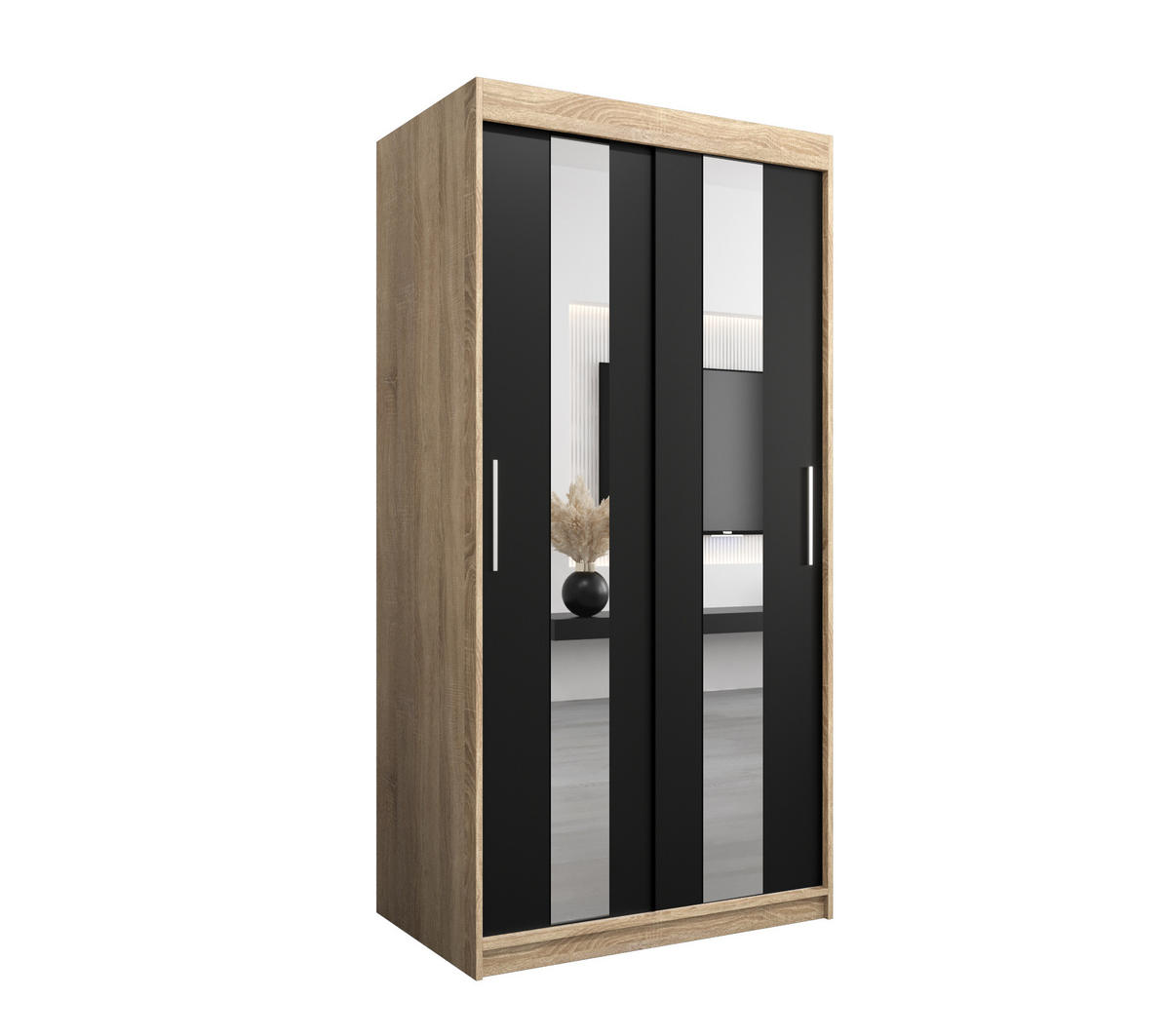 SCHWEBETÜRENSCHRANK 200/100/62 2-türig - Silberfarben/Schwarz, Holz/Kunststoff (100/200/62cm) - Abiks Möbel