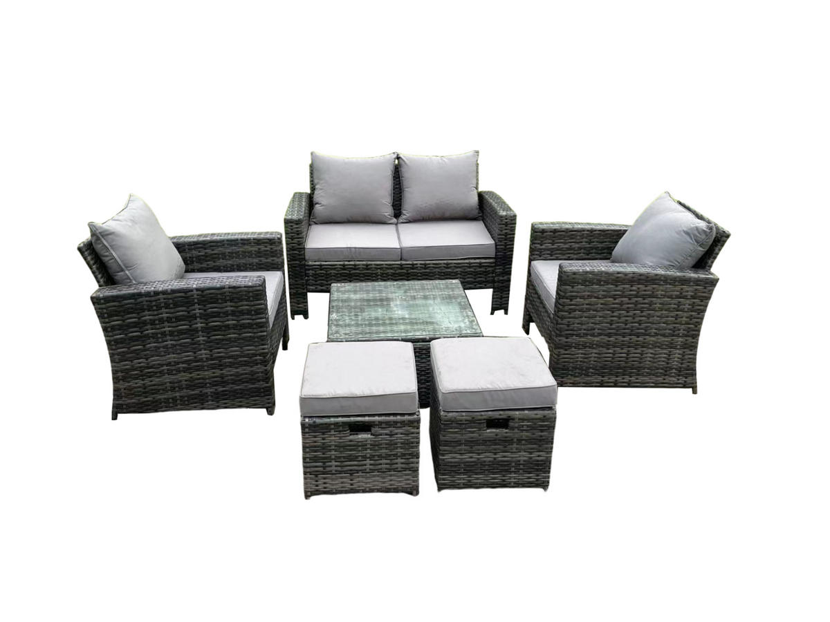 GARTENSOFA SET mit Couchtisch Polyrattan Dunkelgrau 6-Sitzer - Dunkelgrau, Metall - Fimous