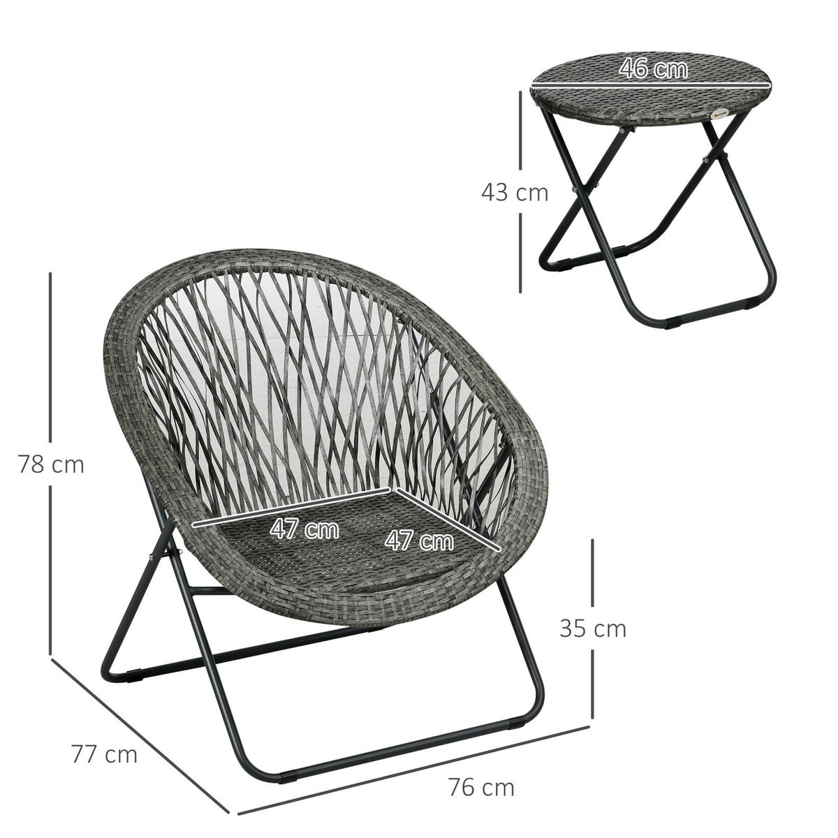 GARTENMÖBEL-SET mit 2 Stühle und 1 Tisch klappbar Rattanoptik Grau 76.0/77.0/78.0 cm - Grau, Metall (77/78/76cm)