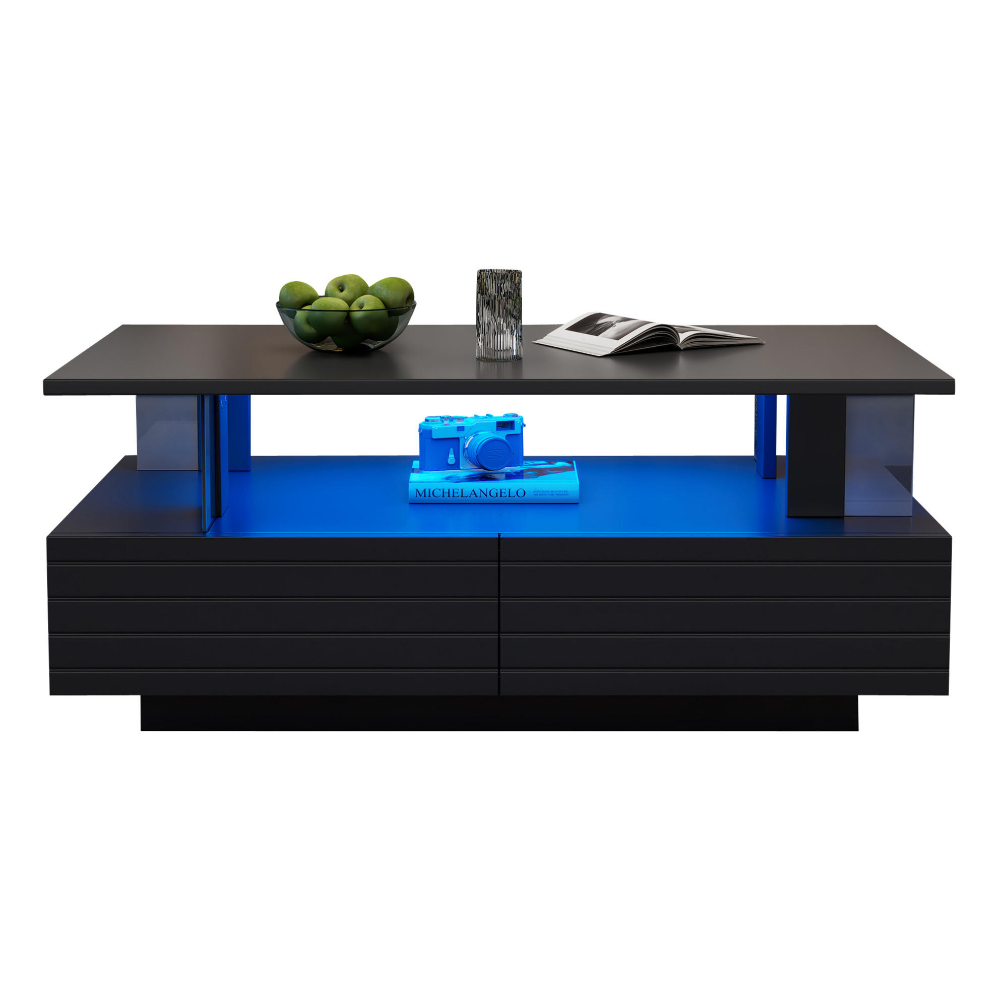 OKWISH KONFERENČNÍ stolek 100/50/42 cm černá z akrylu s LED osvětlením a úložným prostorem