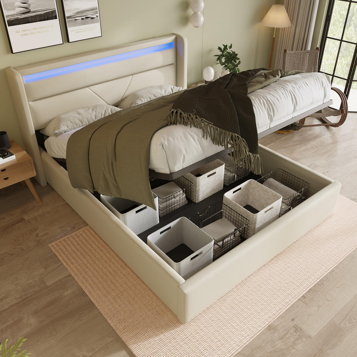 POLSTERBETT 140/200 cm mit hydraulischem Stauraum und LED-Beleuchtung - Weiß, Kunststoff (140/200cm) - OKWISH