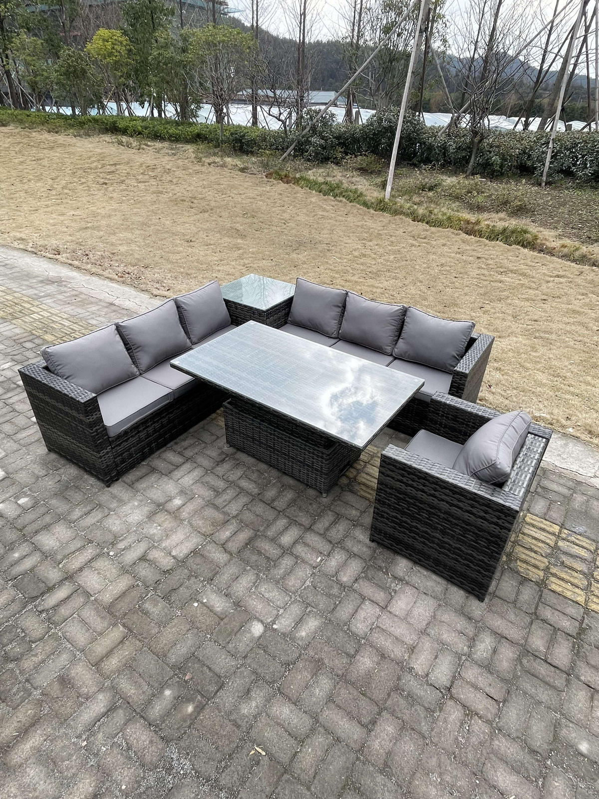 GARTENMÖBEL SET Polyrattan 7-Sitzer - Dunkelgrau/Grau, Glas/Kunststoff - Fimous