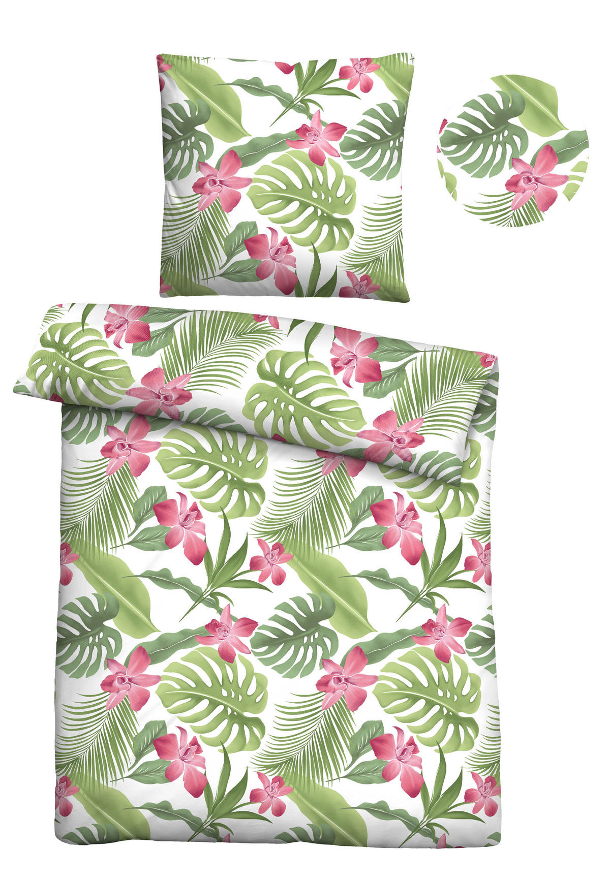 BETTWÄSCHE-GARNITUR Seersucker Tropenblätter rubin, 155x220 cm + 80x80 cm - Dunkelrot, Textil (155/220cm) - Castell