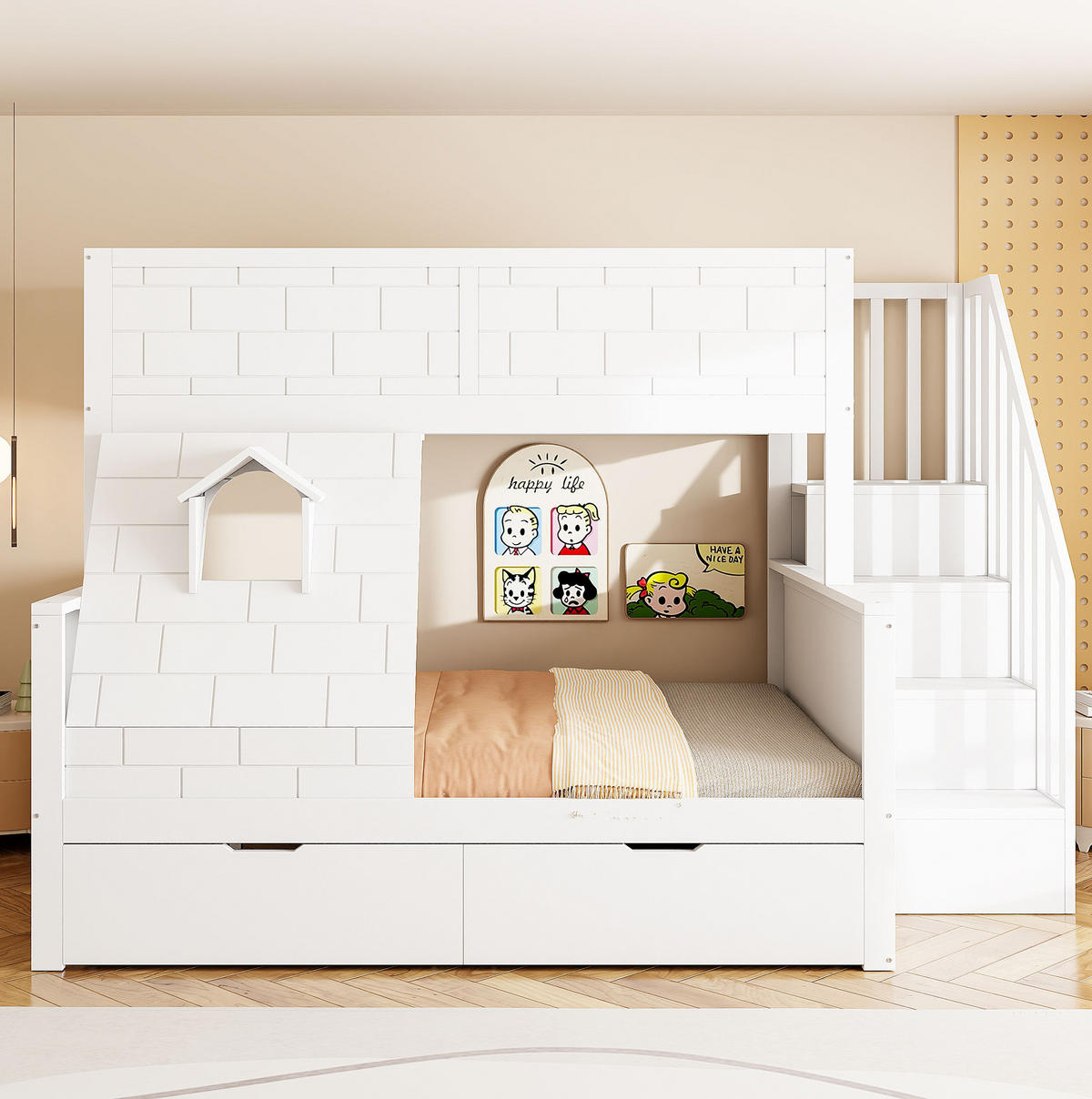 PATROVÁ postel 90/200 a 140/200 cm bílá z borovice se schodištěm, zásuvkami a oknem - bílá, kompozitní dřevo (90/200cm) - OKWISH