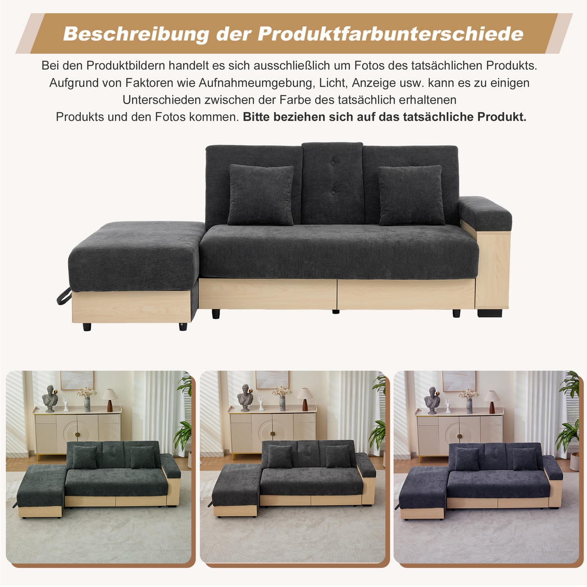 WOHNLANDSCHAFT Graues Chenille‑Stoffsofa mit Multifunktions‑Stauraum und verstellbarer Rückenlehne 217 × 110 × 90 cm - Grau, Textil (217/90/110cm) - Luhomfu