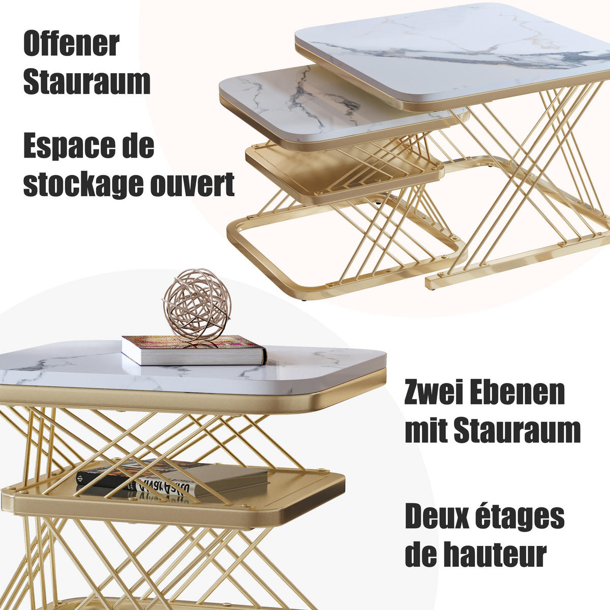 COUCHTISCH 2er Set Beistelltisch Eckig, Gold - Goldfarben, Metall (60/60/45cm)
