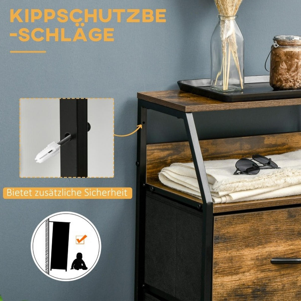 KOMMODE aus Polyester und Stahl 44x29x92 cm Braun mit 3 Schubladen, 2 Ablagen und verstellbaren Füßen - Braun, Holzwerkstoff (44/92/29cm) - Modfu