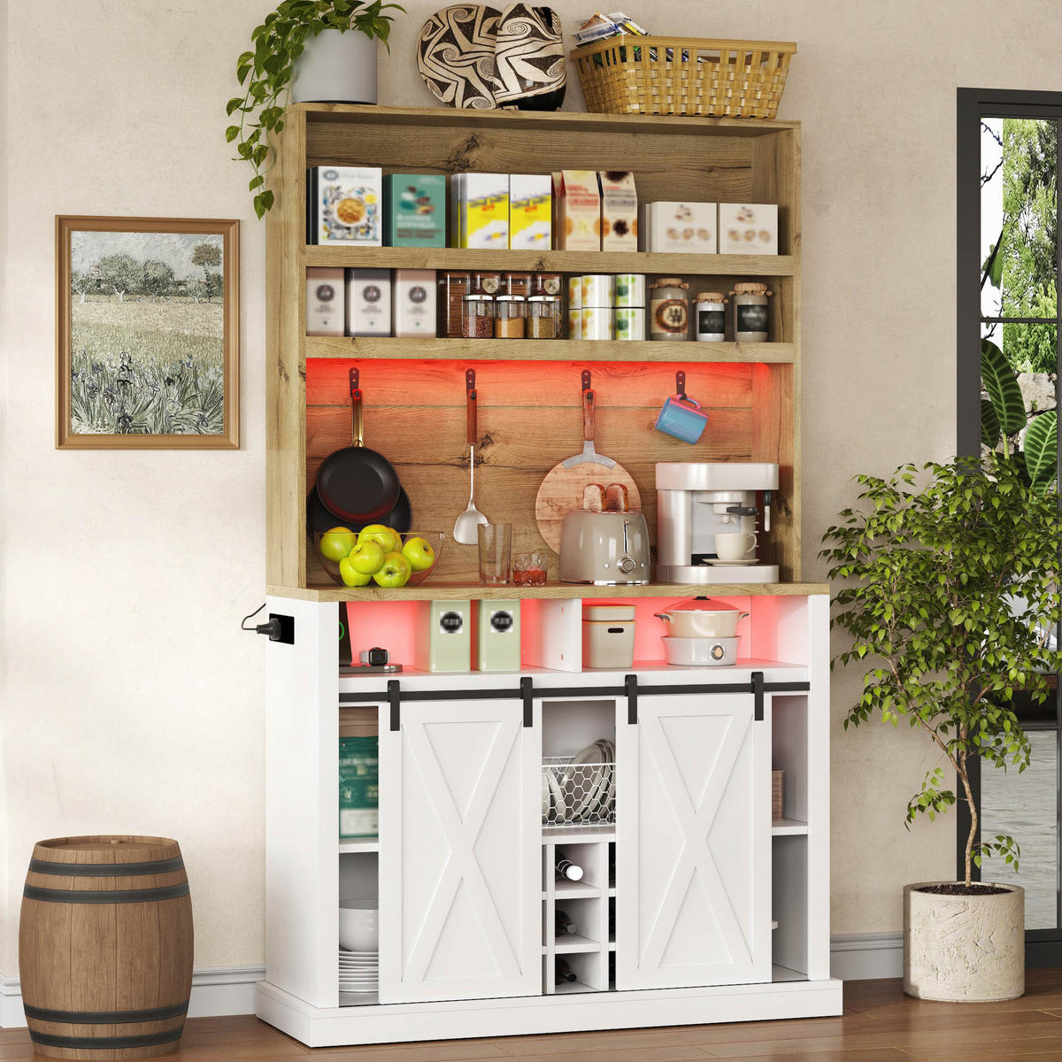 BUFFET 191 cm MDF Natur Weiß mit RGB-LED, USB-Anschluss und Weinregal - Weiß, Holzwerkstoff (40/191/110cm) - Korfee