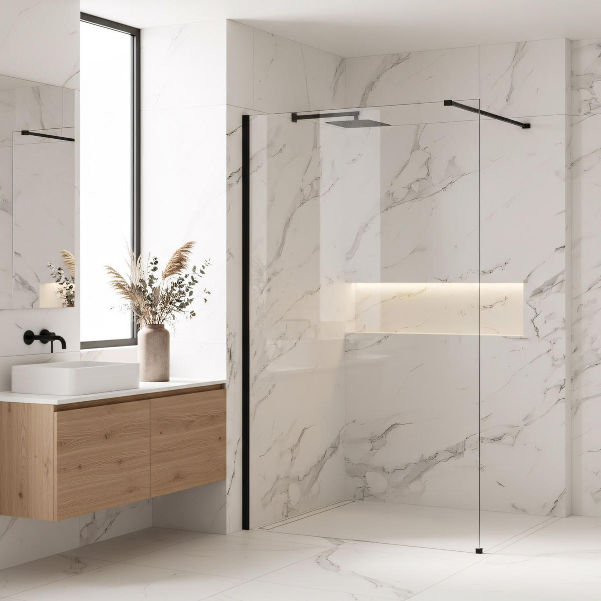 DUSCHWAND Rea Flexi Transparent / Black 140 - Schwarz, Glas (120/140/195cm) - REA