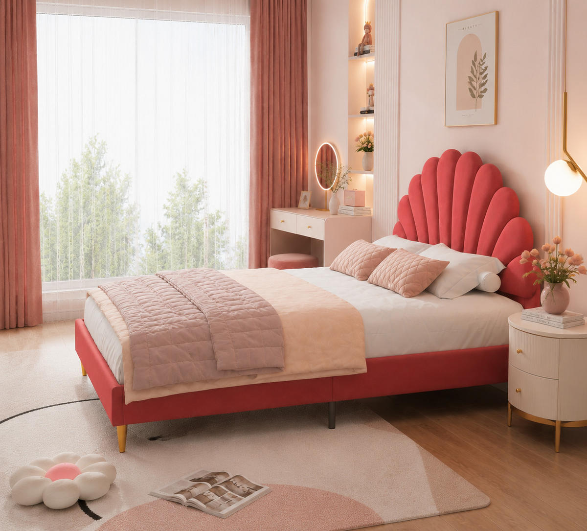 POLSTERBETT 140/200 Bordeaux Muschelkopfteil Doppelbett Jugendbett - Bordeaux, Holz/Metall (140/200cm) - Joyfair