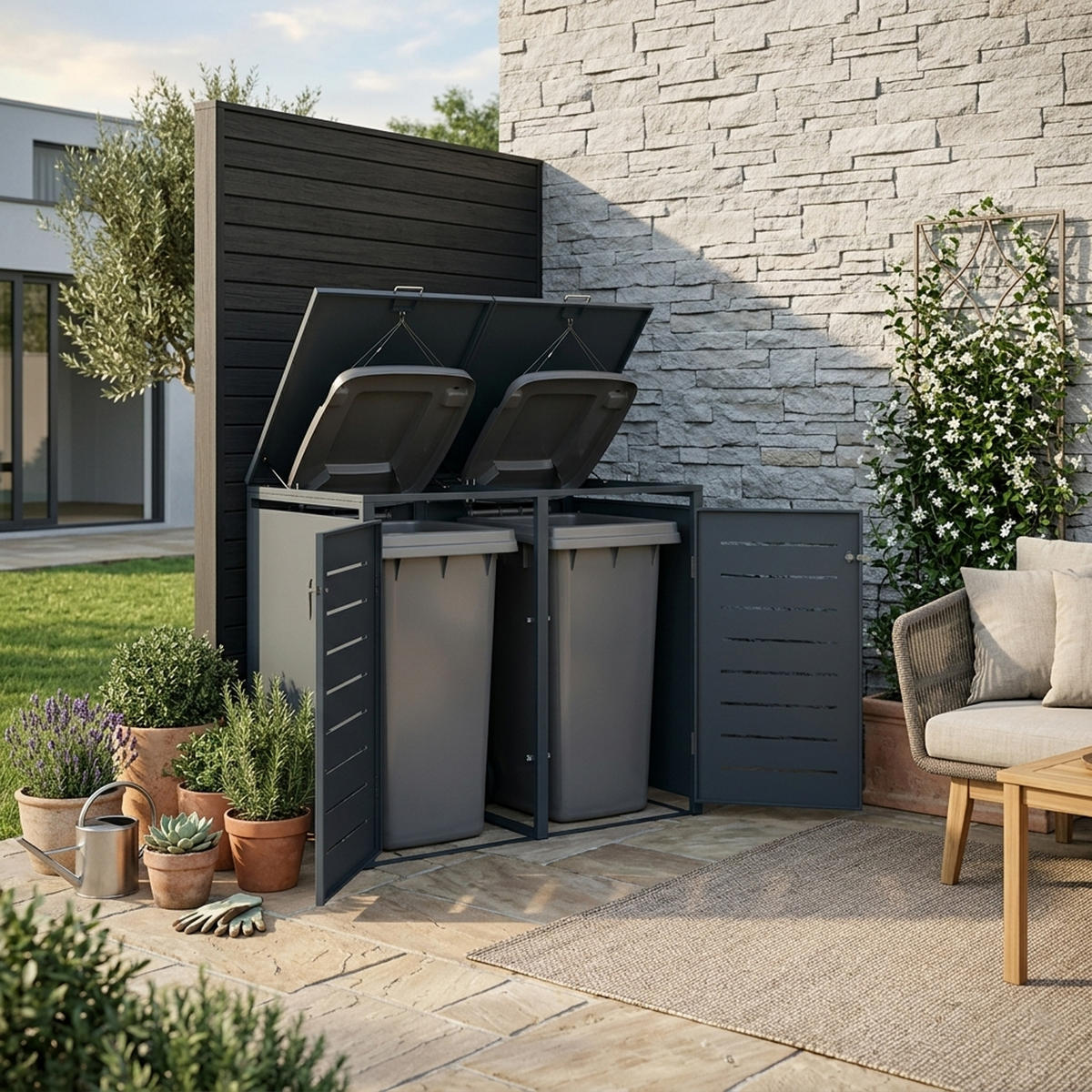 MÜLLTONNENVERKLEIDUNG London - Mülltonnenbox für 2 - Stahl verzinkt, anthrazit - Grau, Metall (132/116/80cm) - TPFGarden