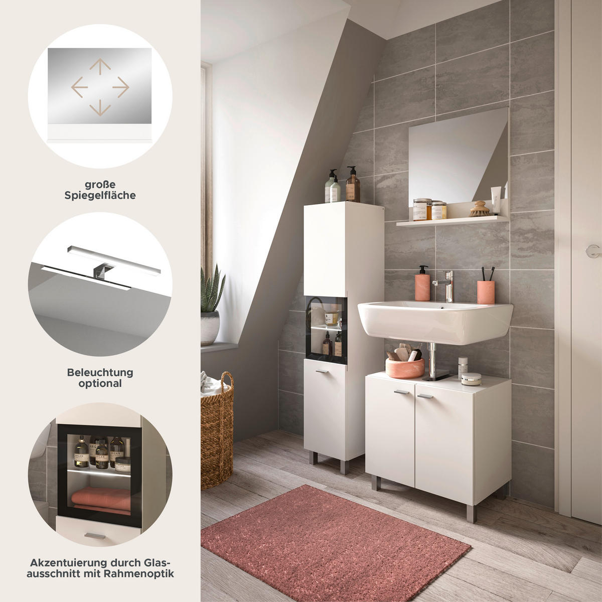 BADKOMBINATION 3tlg. Boston/Tampa Bad in weiß Nachbildung und schwarz B/H/T: 102x186x33 cm - Weiß, Holzwerkstoff (102/186/33cm)