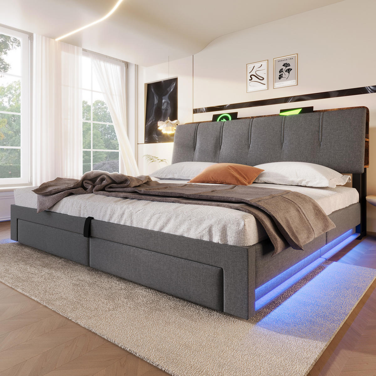 POLSTERBETT mit Stauraum 180x200 cm Leinen Grau mit USB und LED - Grau, Metall (180/200cm) - Meubliv