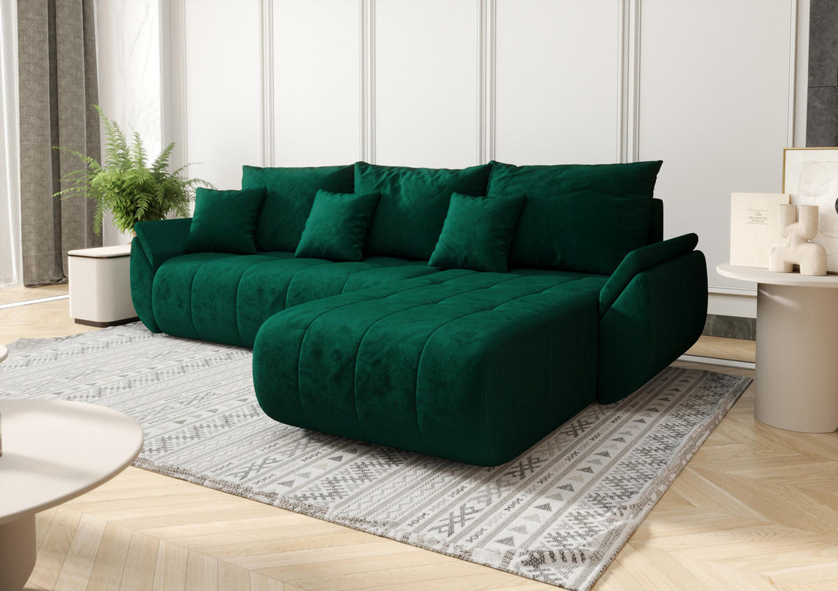 ECKSOFA Mit Schlaffunktion Und Bettkasten TOKYO, Stoff MONOLITH, Grün, Rechts - Grün, Holz (280/190cm) - Kaiser Möbel