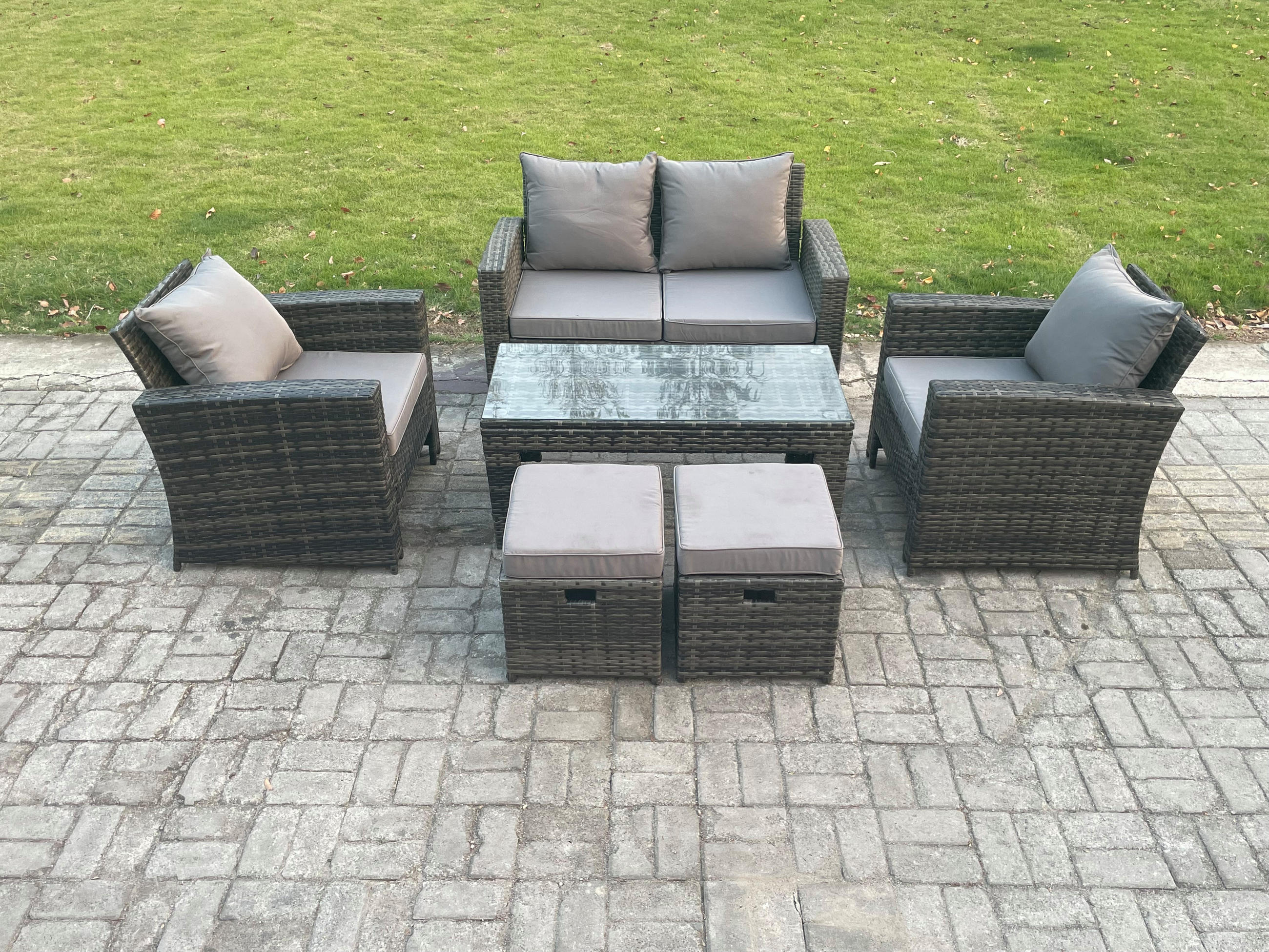 GARTENGARNITUR Polyrattan Dunkelgrau 6-Sitzer - Dunkelgrau, Metall - Fimous