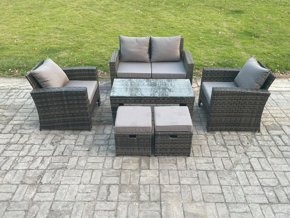 GARTENGARNITUR Polyrattan Dunkelgrau 6-Sitzer - Dunkelgrau, Metall - Fimous