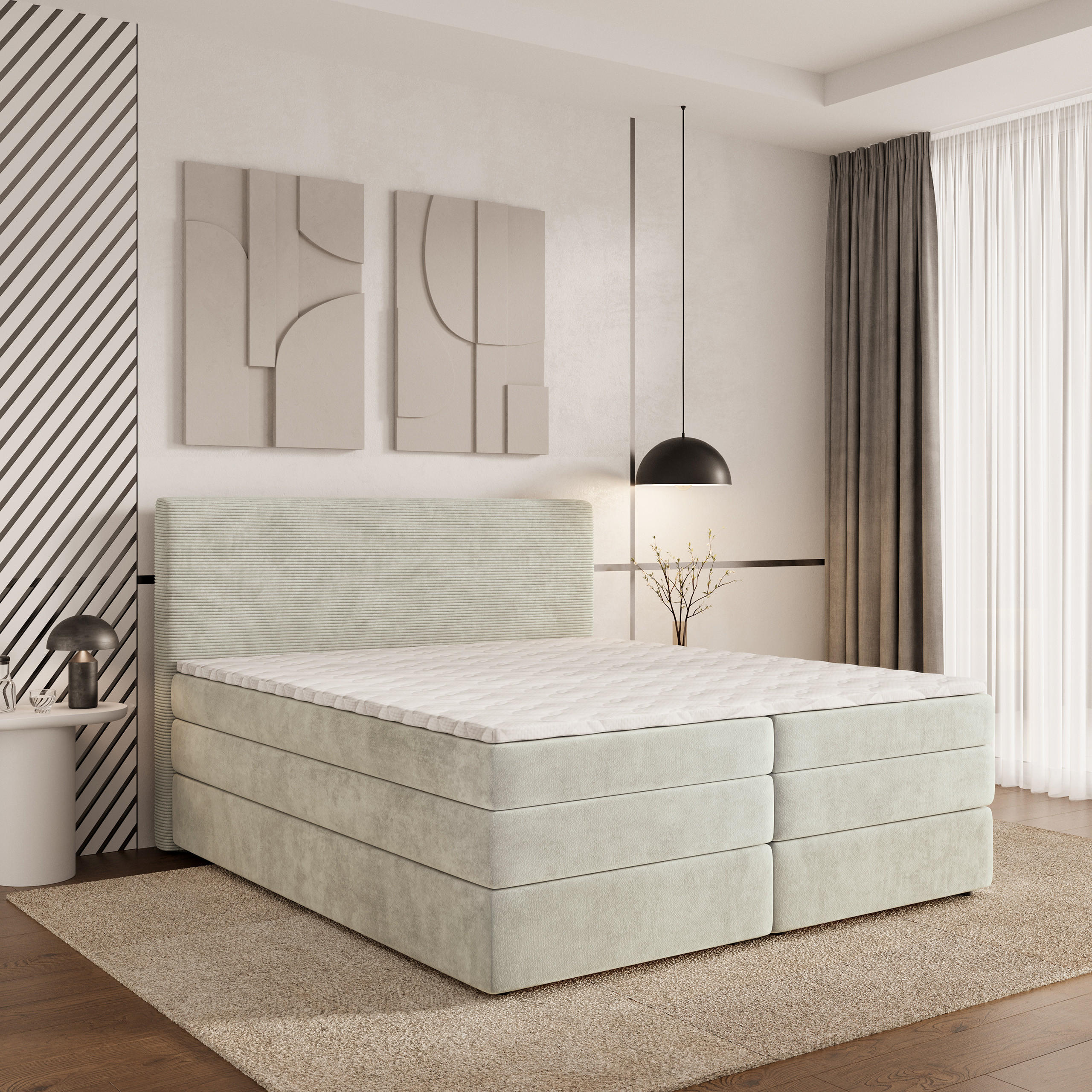 BOXSPRINGBETT MATERN 140x200 cm mit Matratze und Topper - Creme - Creme, Holz (140/200cm) - MASSENO