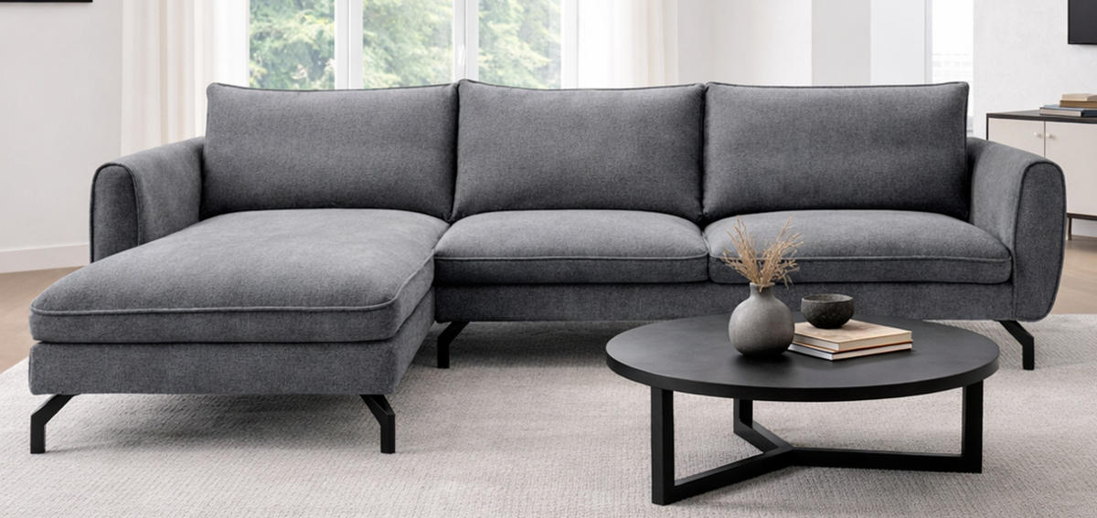 SOFA grau Webstoff 259 x 167 cm, Ecksofa 5-Sitzer, L-Sofa Ottomane links - Schwarz/Grau, Holz/Textil (259/167cm) - Inn.Furn